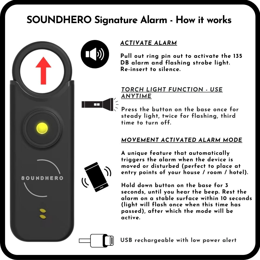 SOUNDHERO Signature - Personal self-defense alarm with Movement Activated mode - USB rechargeable - MIDNIGHT BLACK