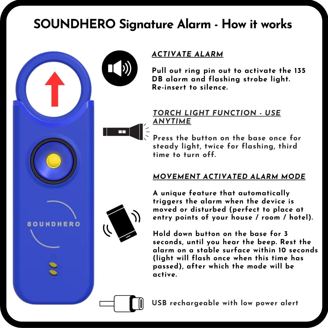 SOUNDHERO Signature - Personal self-defense alarm with Movement Activated mode - USB rechargeable - NIGHT BLUE