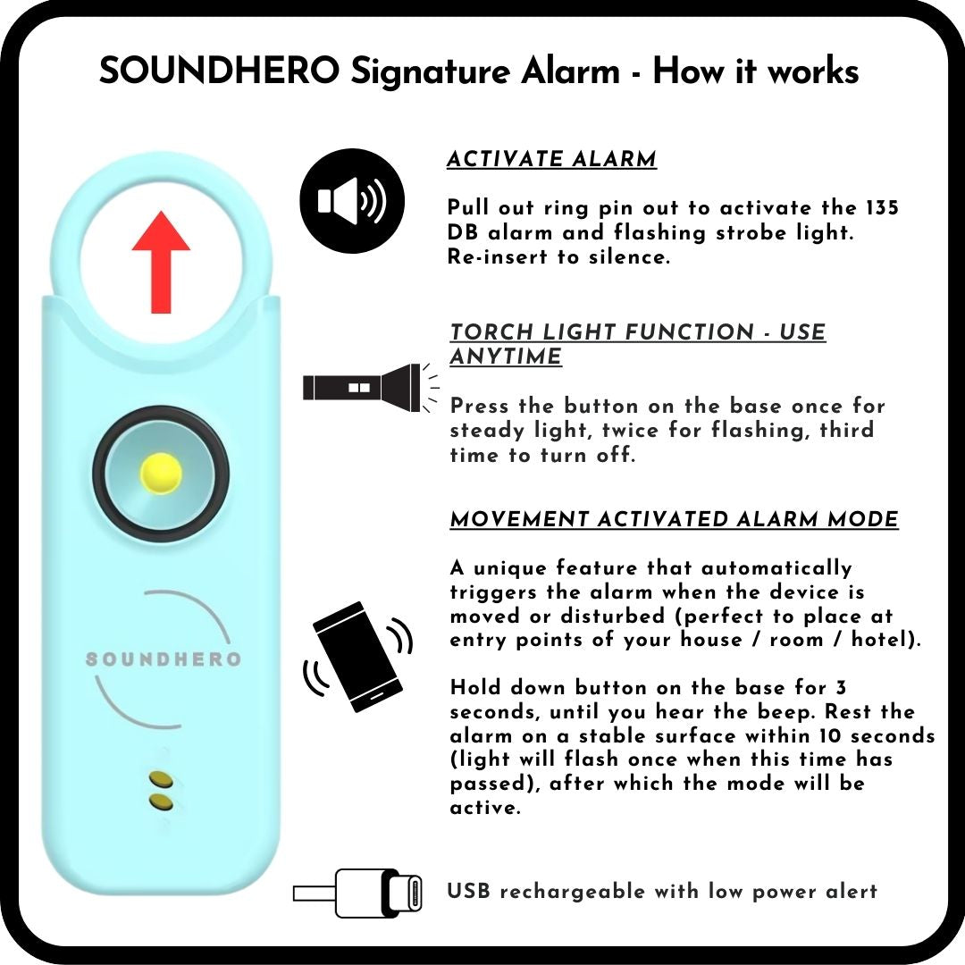 SOUNDHERO Signature - Personal self-defense alarm with Movement Activated mode - USB rechargeable - SKY BLUE
