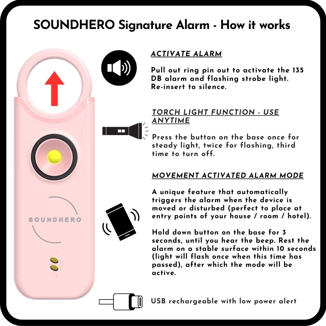 SOUNDHERO Signature - Personal self-defense alarm with Movement Activated mode - USB rechargeable - PINK