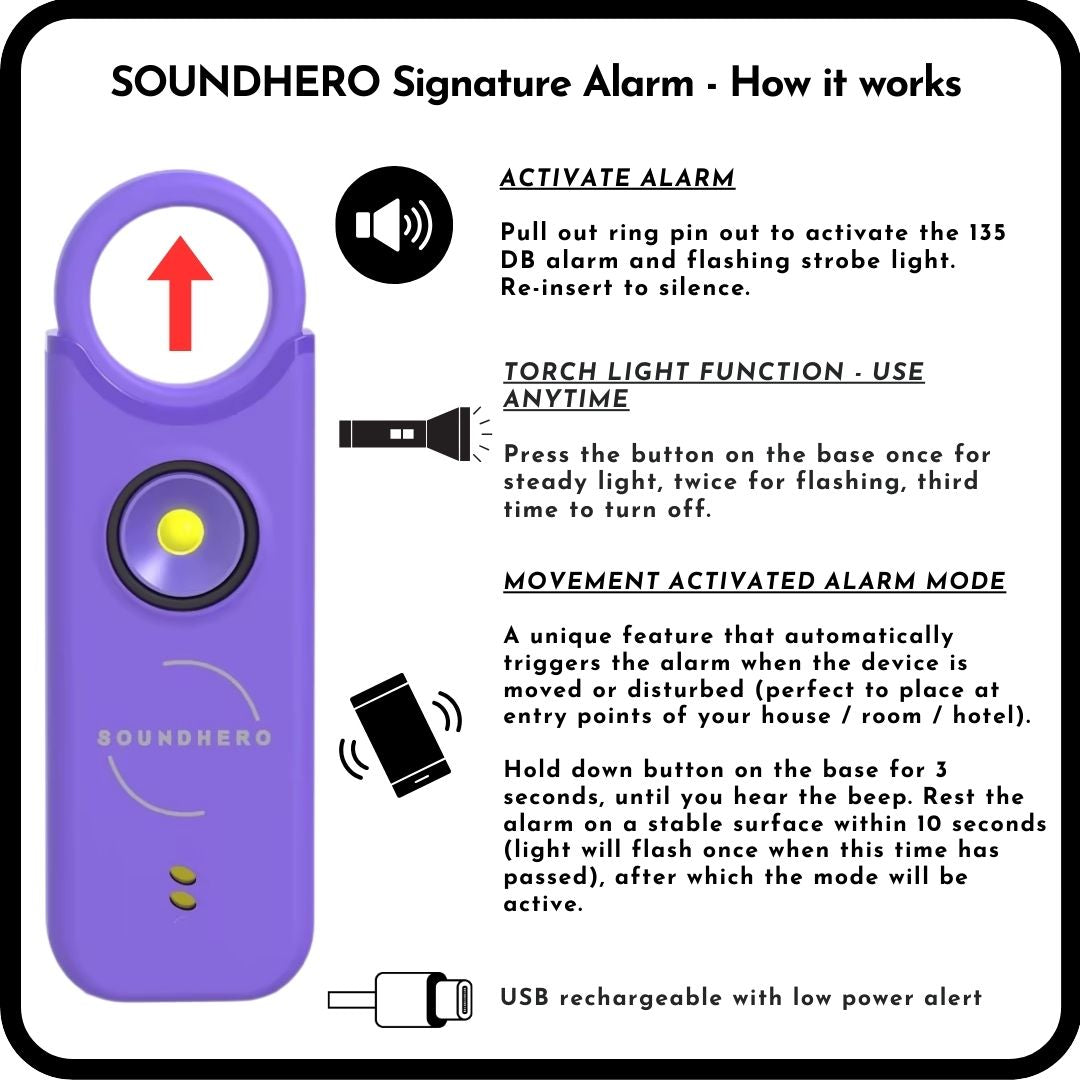 SOUNDHERO Signature - Personal self-defense alarm with Movement Activated mode - USB rechargeable - DARK PURPLE
