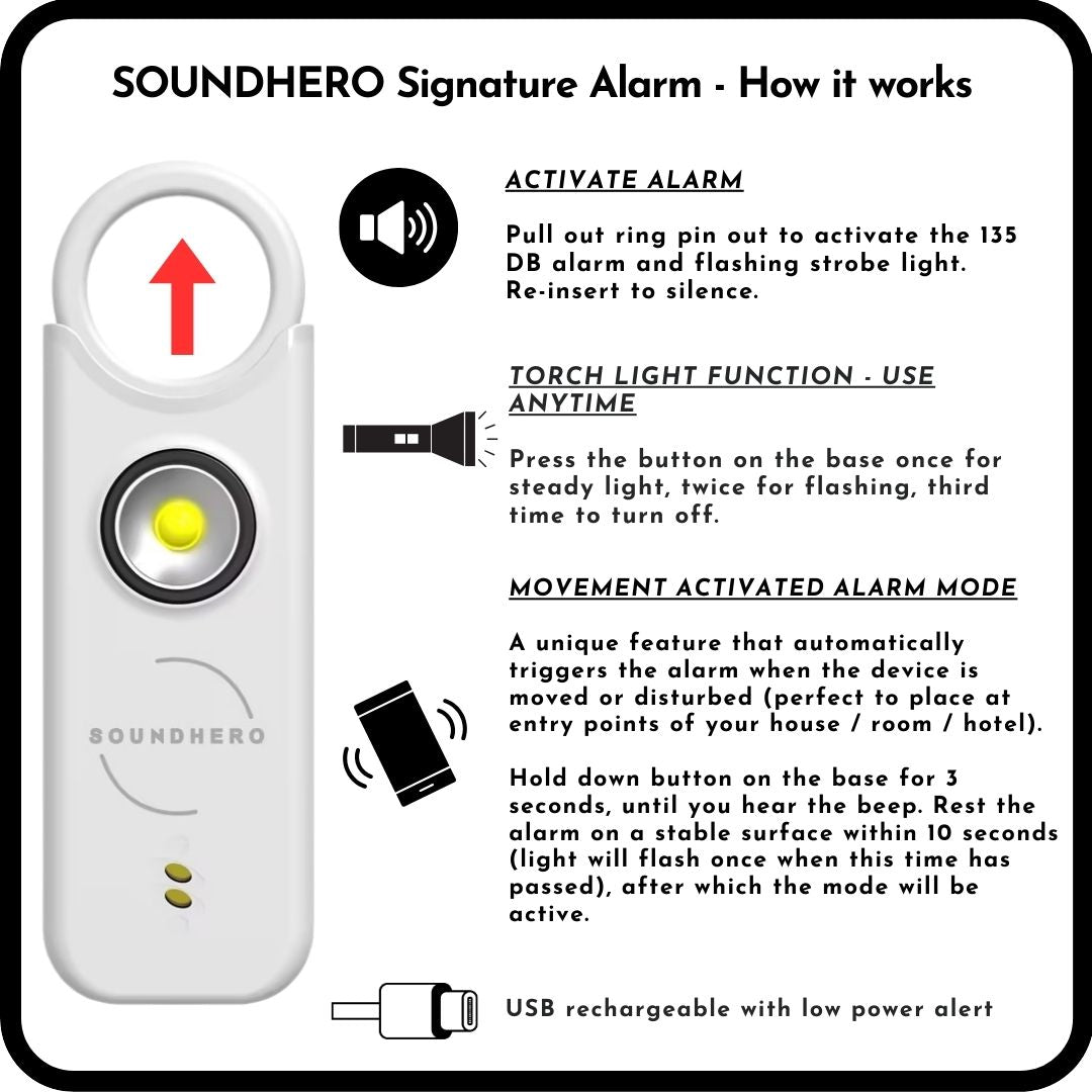 SOUNDHERO Signature - Personal self-defense alarm with Movement Activated mode - USB rechargeable - WHITE