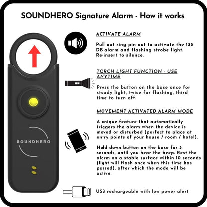 SOUNDHERO Signature - Personal self-defense alarm with Movement Activated mode - USB rechargeable - MIDNIGHT BLACK