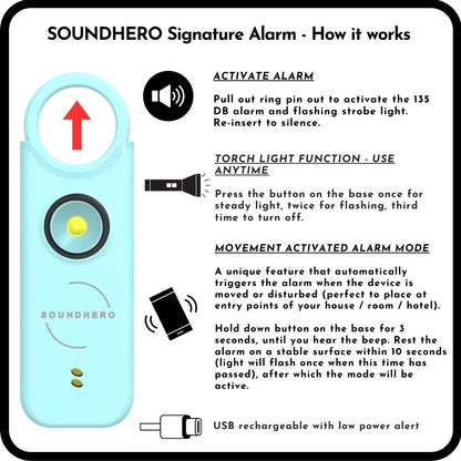SOUNDHERO Signature - Personal self-defense alarm with Movement Activated mode - USB rechargeable - SKY BLUE
