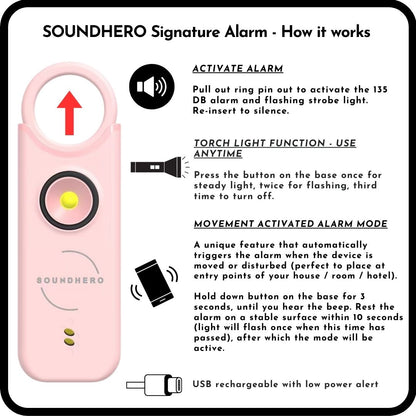 SOUNDHERO Signature - Personal self-defense alarm with Movement Activated mode - USB rechargeable - PINK