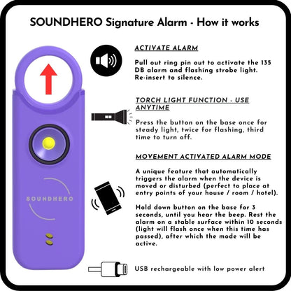 SOUNDHERO Signature - Personal self-defense alarm with Movement Activated mode - USB rechargeable - DARK PURPLE