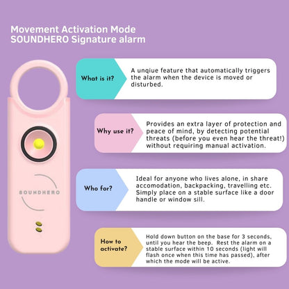 SOUNDHERO Signature - Personal self-defense alarm with Movement Activated mode - USB rechargeable - PINK