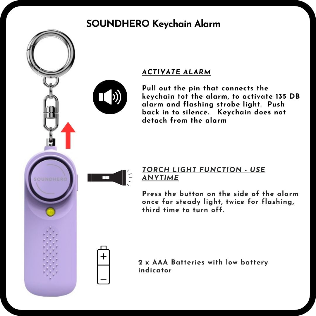 SOUNDHERO personal self-defense alarm keyring with built in light - Battery operated - Lilac
