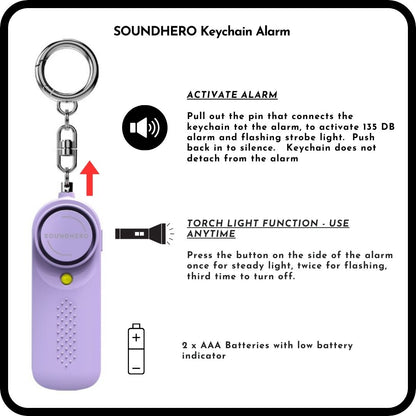 SOUNDHERO personal self-defense alarm keyring with built in light - Battery operated - Lilac