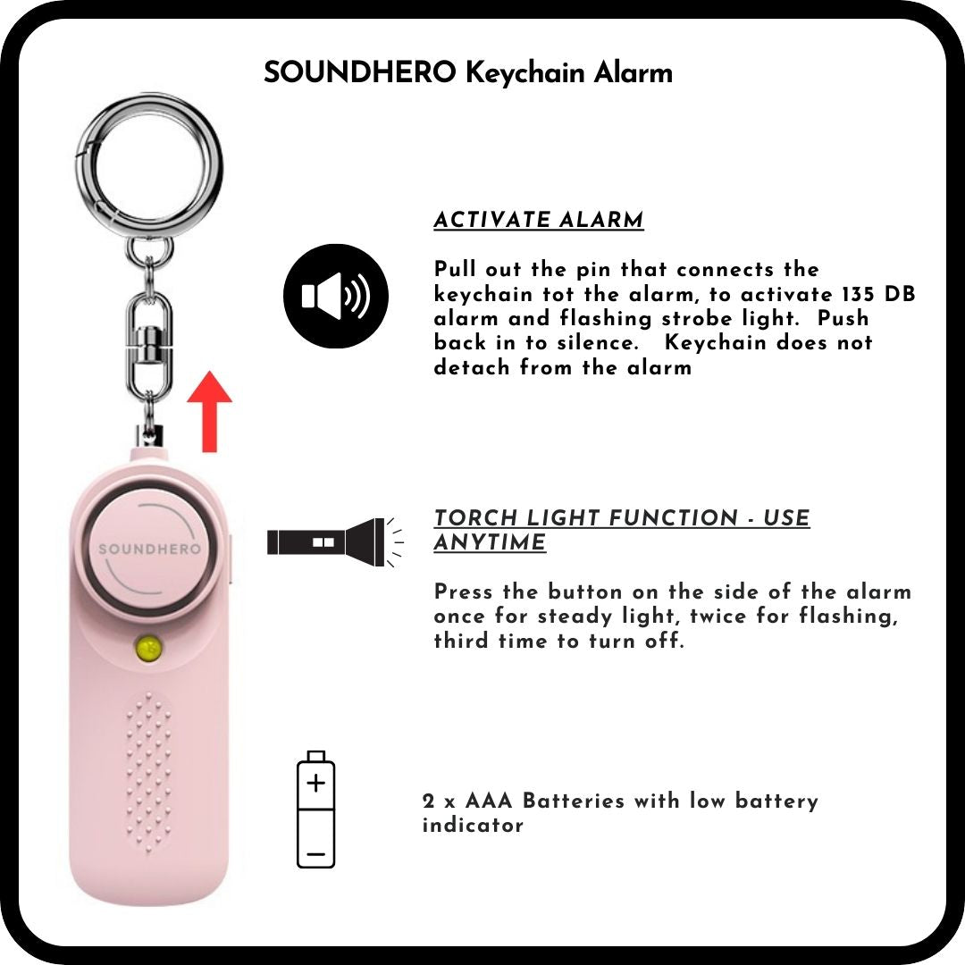 SOUNDHERO personal self-defense alarm keyring with built in light - Battery operated - Pastel Pink