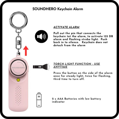 SOUNDHERO personal self-defense alarm keyring with built in light - Battery operated - Pastel Pink