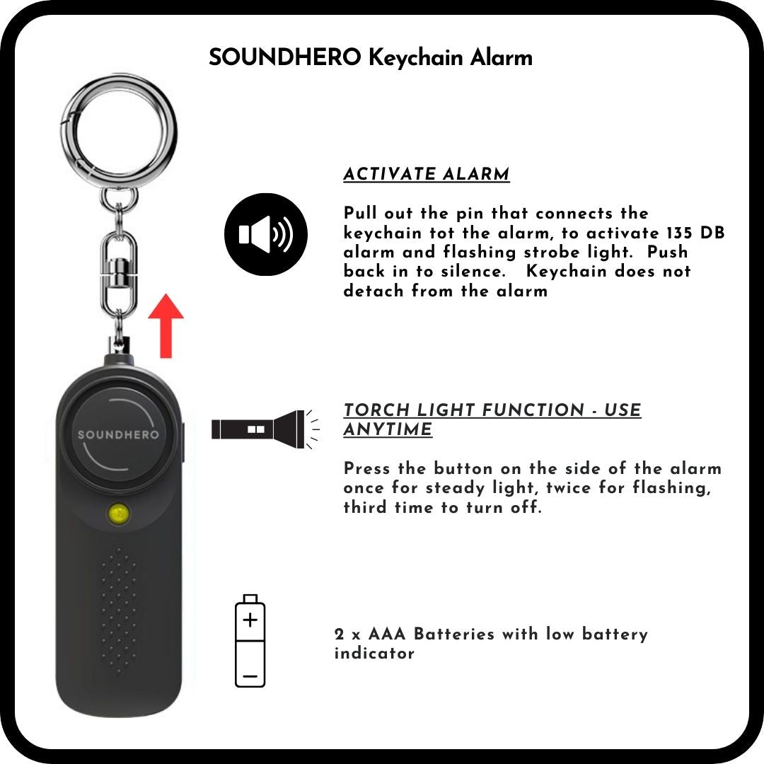 SOUNDHERO personal self-defense alarm keyring with built in light - Battery operated - Noir Black