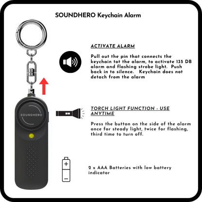 SOUNDHERO personal self-defense alarm keyring with built in light - Battery operated - Noir Black